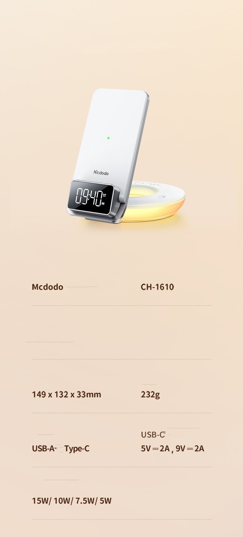 Multifunctional 15W Wireless Charger Foldable Desktop Stand With Night Light - Zambeel