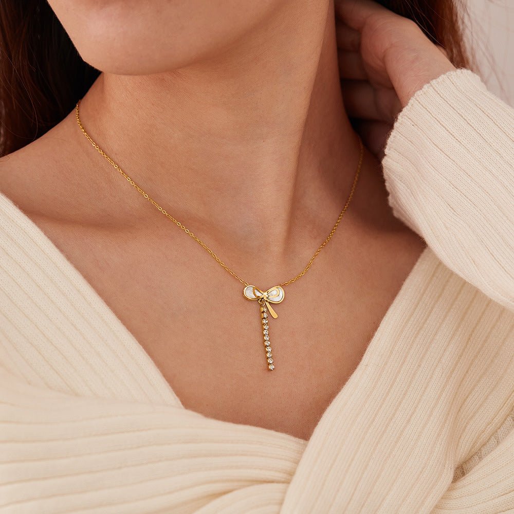 Necklace Female Titanium Steel Mother Shell Bow Tassel - Zambeel