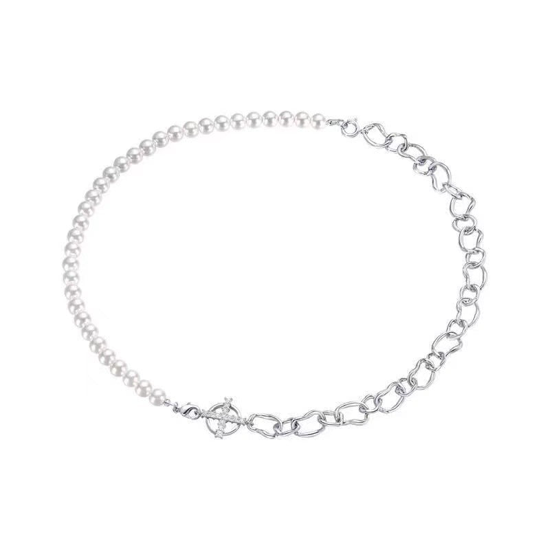 New Hoop And Pearl Chain Stitching Necklace For Women - Zambeel
