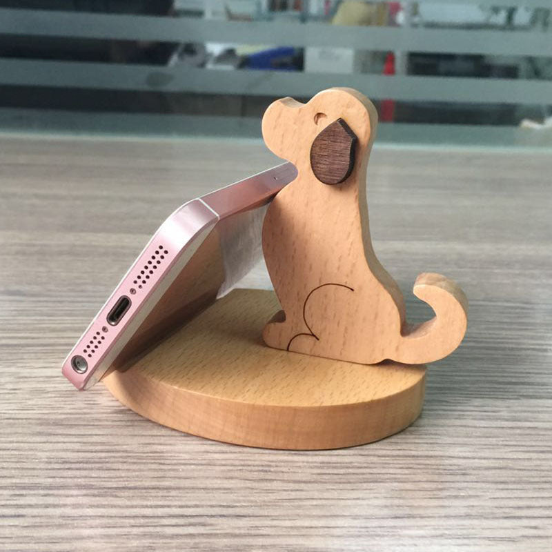 New Wooden Phone Bracket Cartoon Puppy Solid Wood Mobile Phone Holder Desktop Universal Mobile Phone Holder - Zambeel