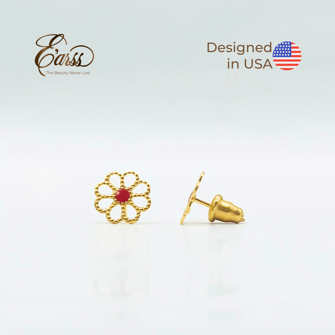 Open Daisy with Red Epoxy Gold Earring | Stainless Steel | 18K Gold Plated - Zambeel