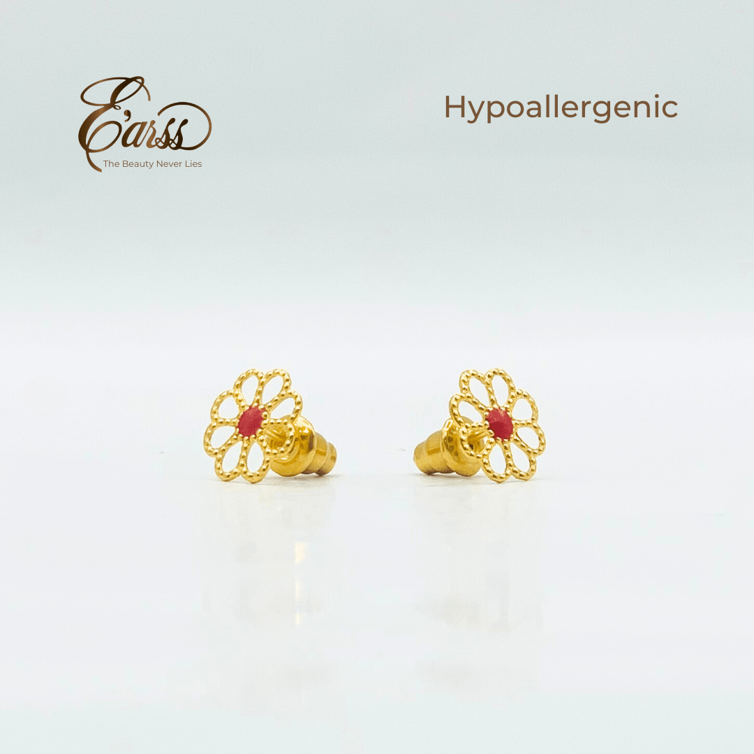 Open Daisy with Red Epoxy Gold Earring | Stainless Steel | 18K Gold Plated - Zambeel
