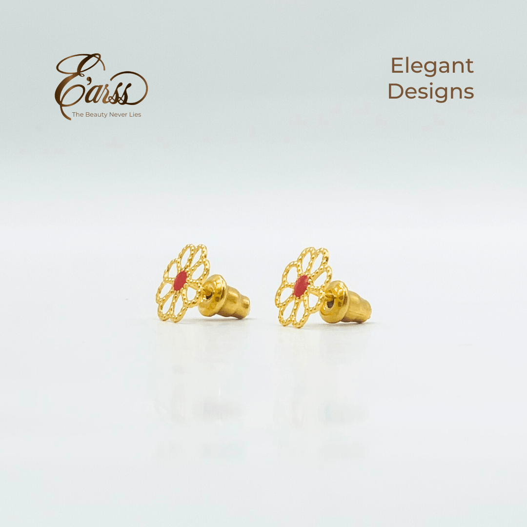 Open Daisy with Red Epoxy Gold Earring | Stainless Steel | 18K Gold Plated - Zambeel