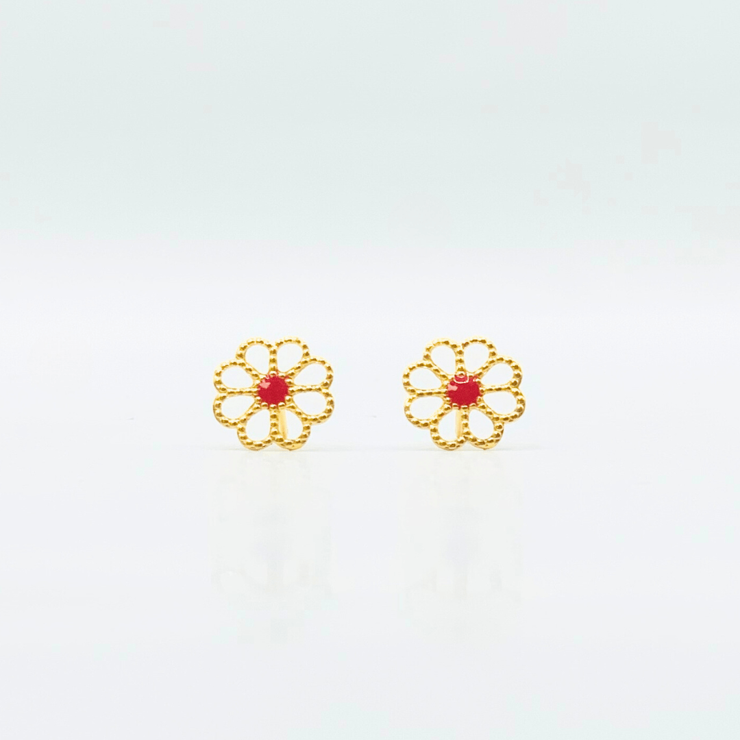 Open Daisy with Red Epoxy Gold Earring | Stainless Steel | 18K Gold Plated - Zambeel