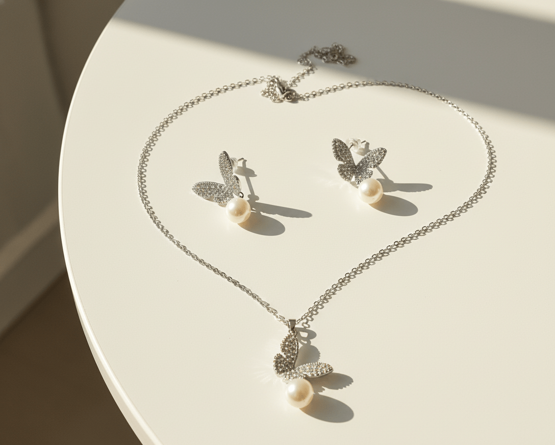 Pearl Sparkle Butterfly Jewelry Set - Zambeel