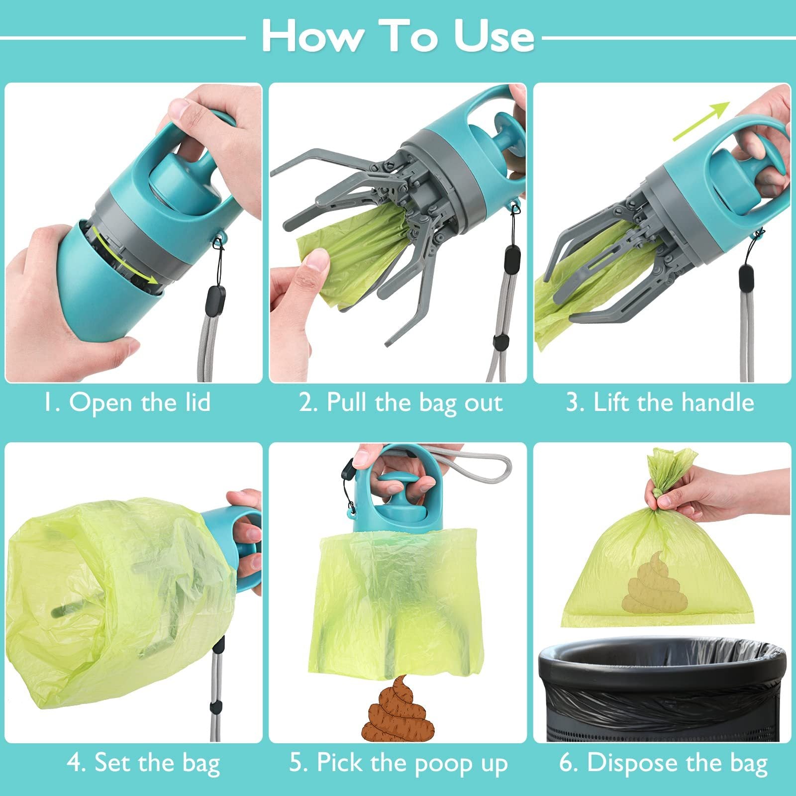 Portable Dog Poop Scooper, Sanitary Dog Waste Picker Upper With Bag Dispenser, Convenient Pet Waste Cleaner For Dog Walkers, Attachable To Dog Leash, Harness Or Waist - Zambeel
