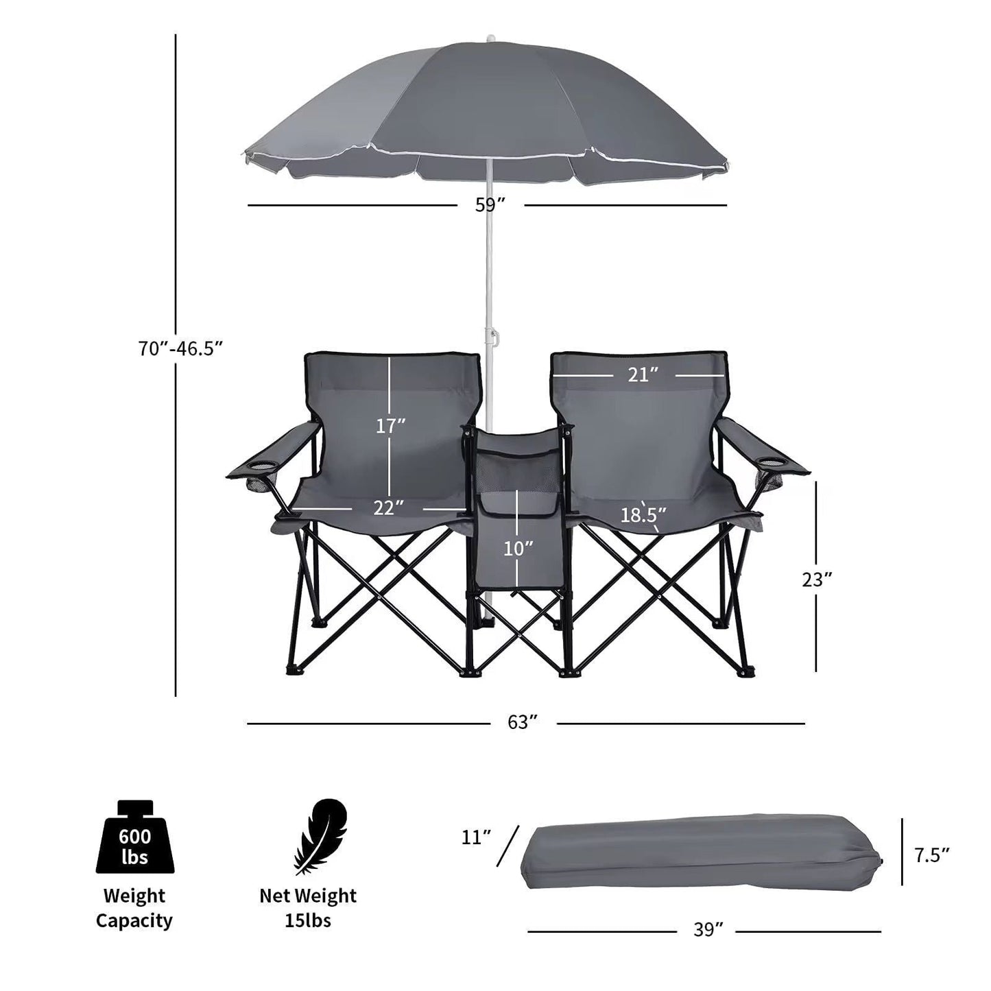 Portable Double Folding Beach Chair with Umbrella © - Zambeel
