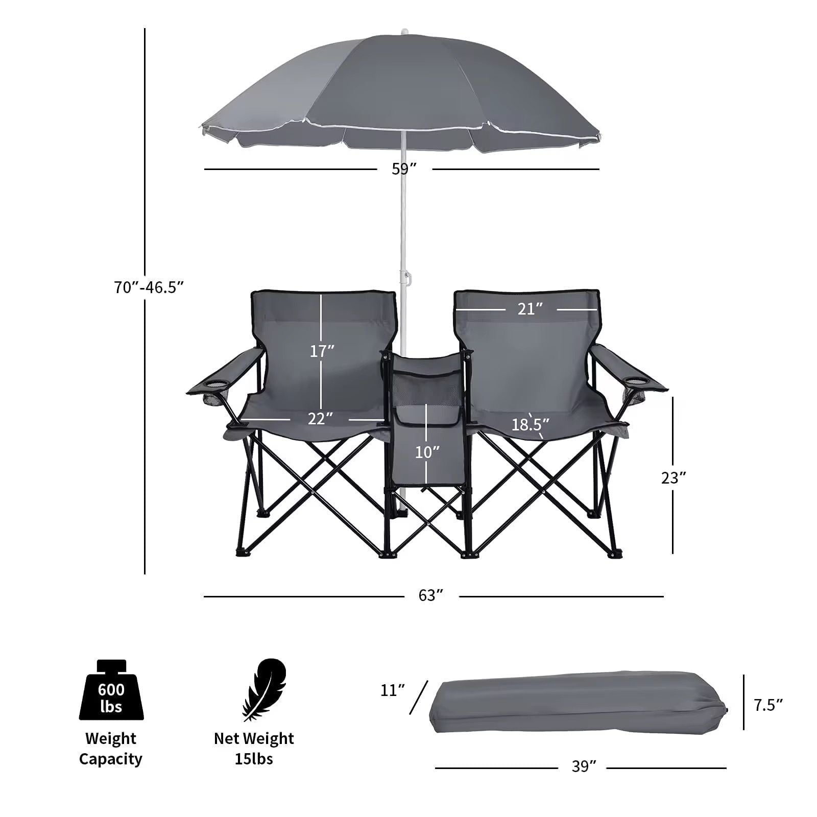 Portable Double Folding Beach Chair with Umbrella © - Zambeel