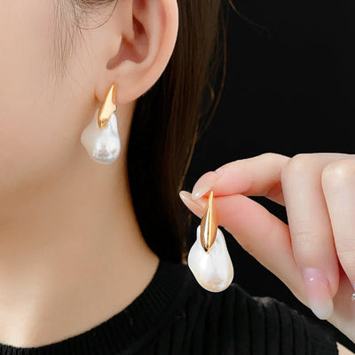 Real Gold Electroplated Silver Needle Artificial Pearl Earrings Irregular All - Match - Zambeel