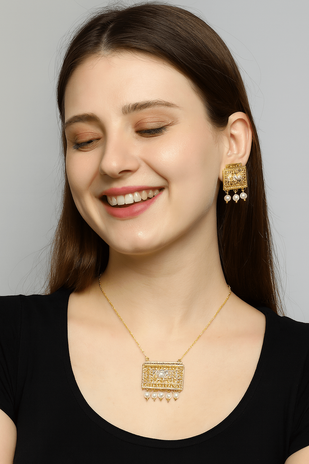 Rectangular Filigree Pearl Set - Zambeel