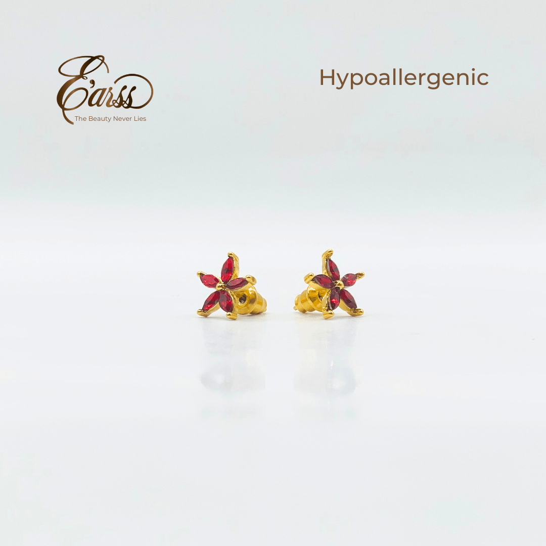 Red Flower Cubic Zirconia Gold | Stainless Steel | 18K Gold Plated - Zambeel