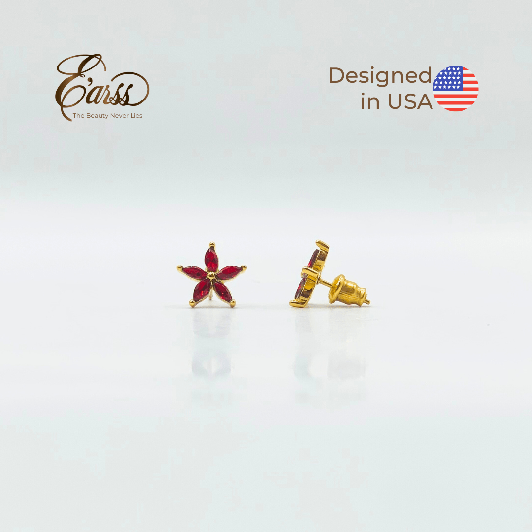 Red Flower Cubic Zirconia Gold | Stainless Steel | 18K Gold Plated - Zambeel