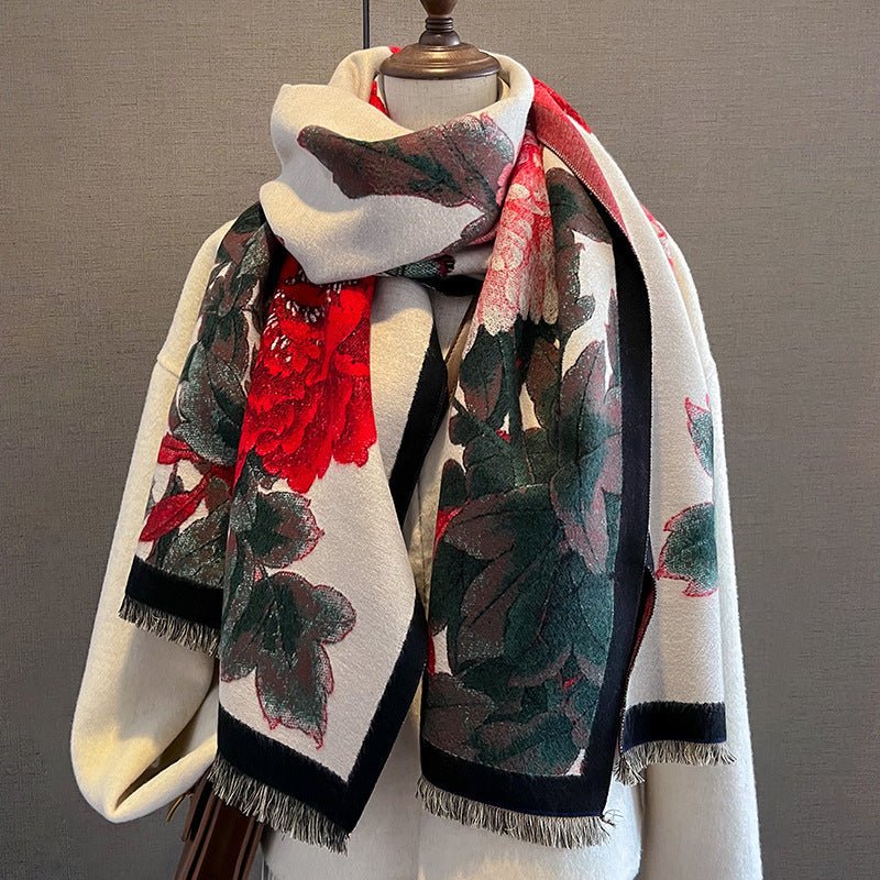 Retro Floral Artificial Cashmere Scarf Women's Thick Warm Scarf - Zambeel