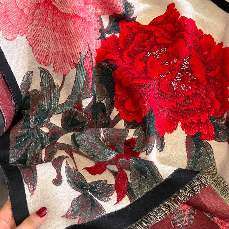 Retro Floral Artificial Cashmere Scarf Women's Thick Warm Scarf - Zambeel