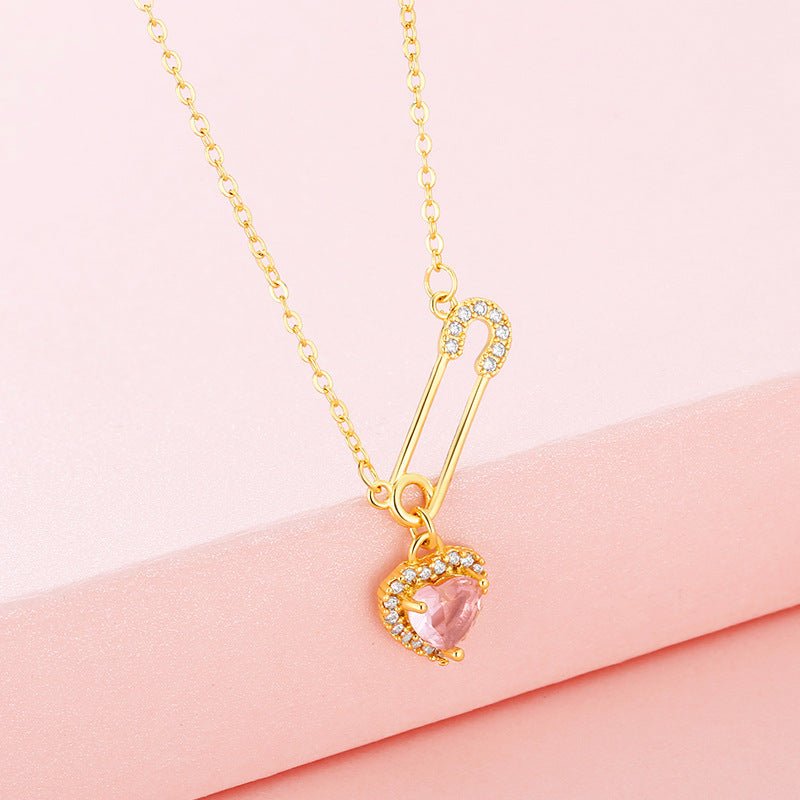 Rhinestone Heart - shaped Pin Necklace Special - interest Design Exquisite High - grade Light Luxury Clavicle Chain - Zambeel