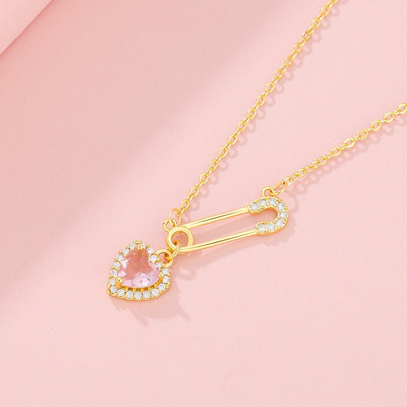 Rhinestone Heart - shaped Pin Necklace Special - interest Design Exquisite High - grade Light Luxury Clavicle Chain - Zambeel
