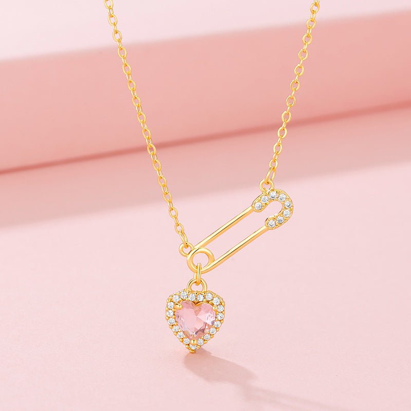 Rhinestone Heart - shaped Pin Necklace Special - interest Design Exquisite High - grade Light Luxury Clavicle Chain - Zambeel