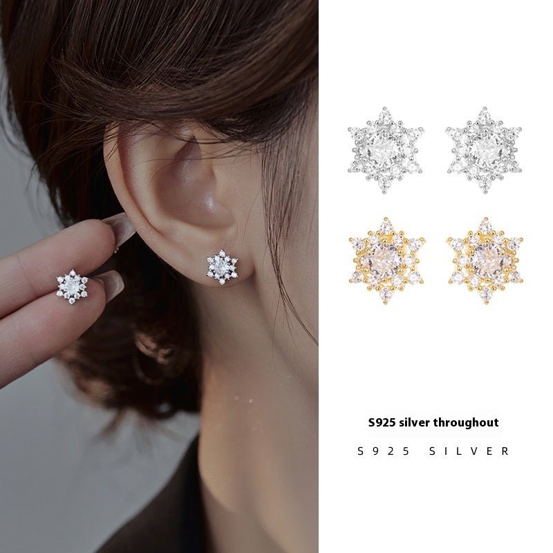 S925 Silver French Snowflake Zircon Stud Earrings - Zambeel