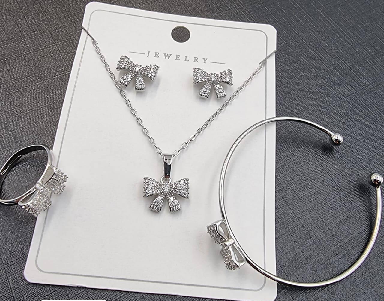 Silver Bow Tie Crystal Jewelry Set - Zambeel