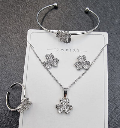 Silver Clover Crystal Jewelry Set with Bracelet - Zambeel