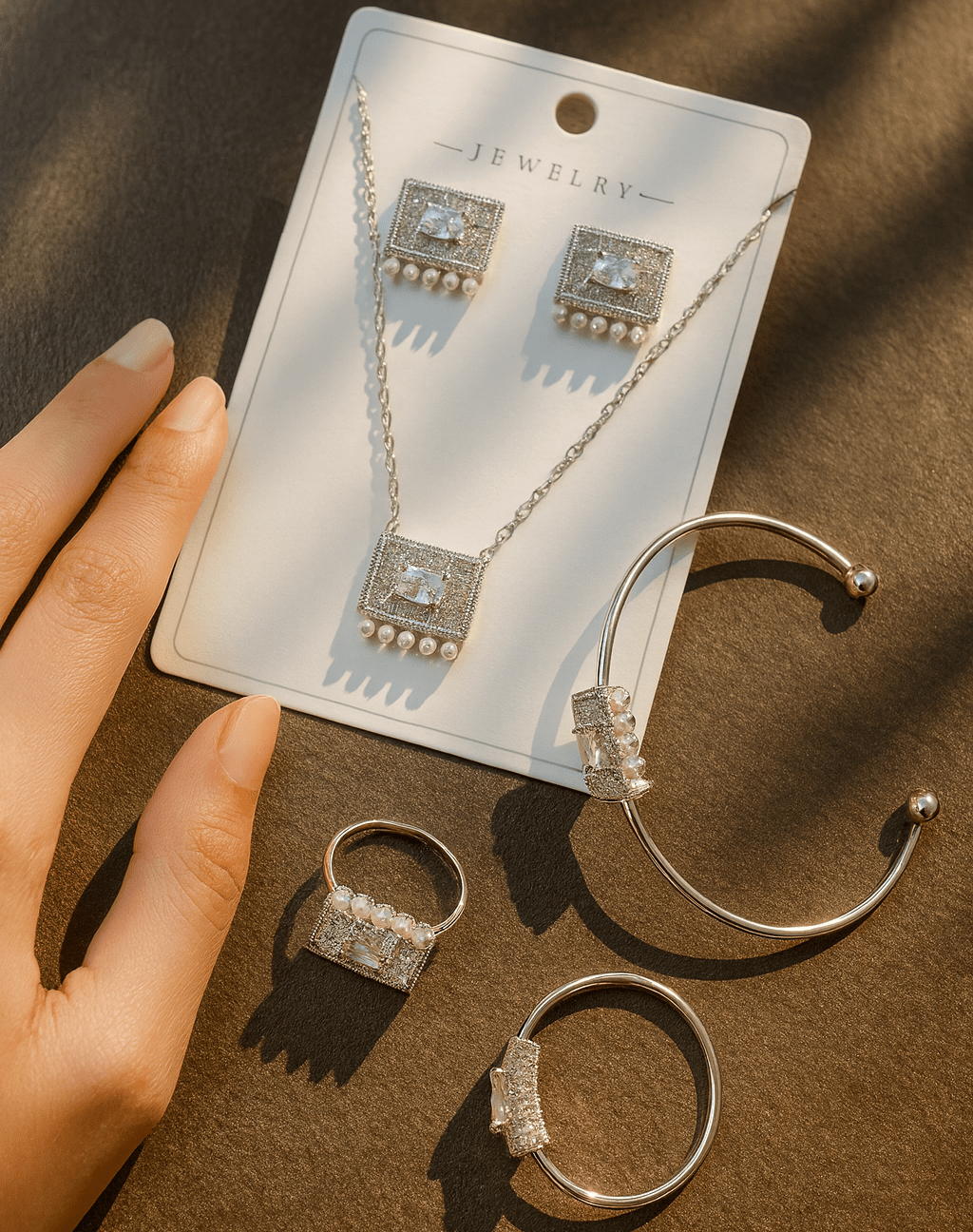 Silver Rectangle Crystal & Pearl Jewelry Set - Zambeel