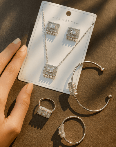 Silver Rectangle Crystal & Pearl Jewelry Set - Zambeel