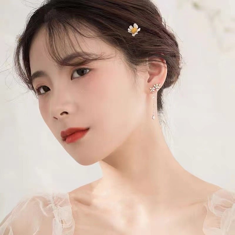 Sterling Silver Diamond Flower Long Women's Earrings - Zambeel