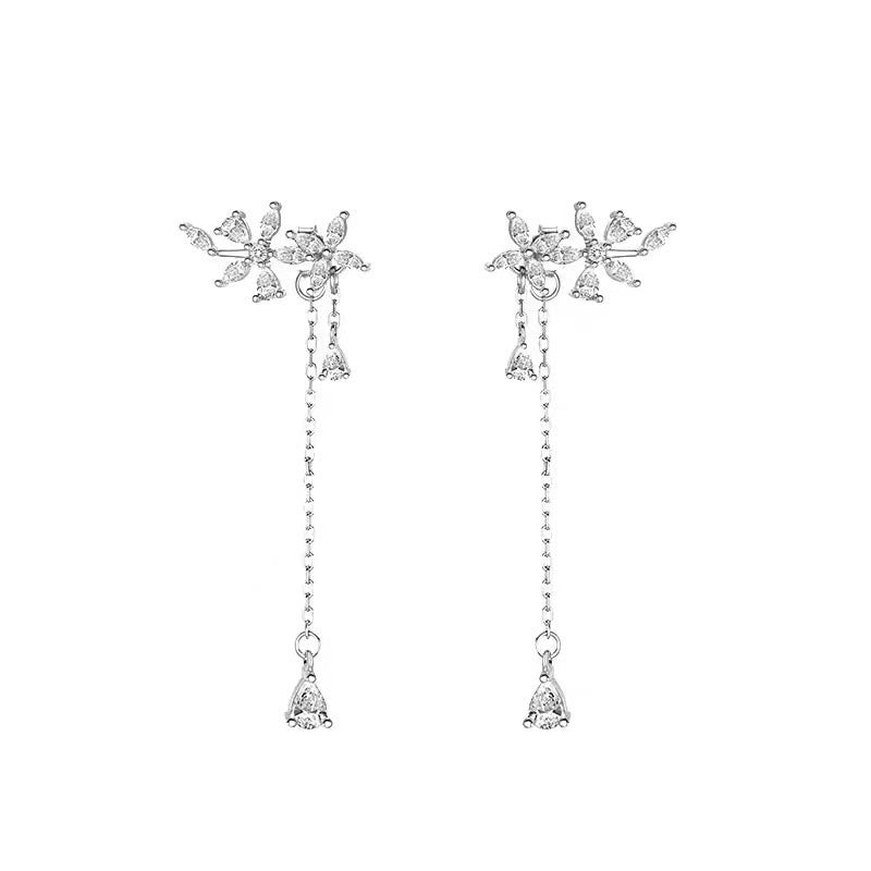 Sterling Silver Diamond Flower Long Women's Earrings - Zambeel
