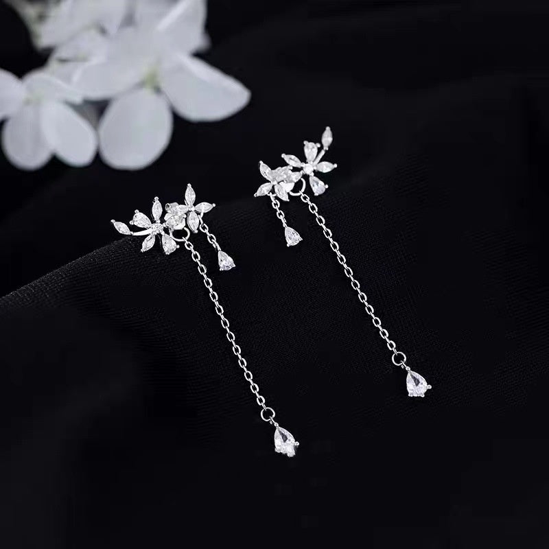 Sterling Silver Diamond Flower Long Women's Earrings - Zambeel