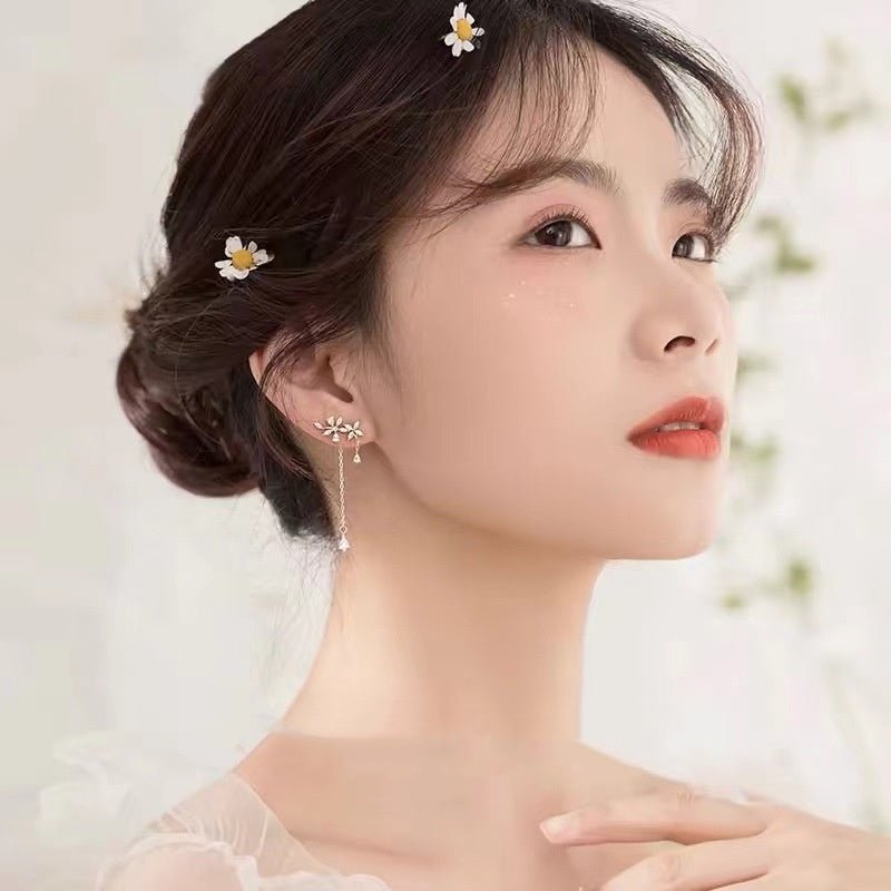 Sterling Silver Diamond Flower Long Women's Earrings - Zambeel