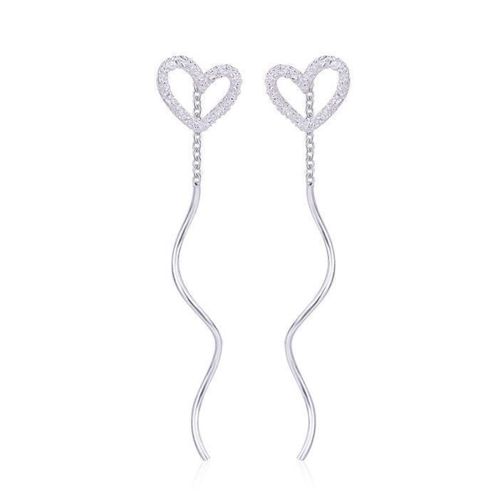Sterling Silver Hollow Heart Wavy Ear Threads Female Niche Design - Zambeel