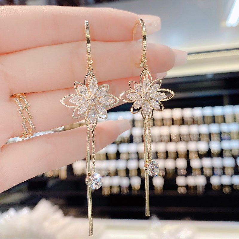 Stylish Flower Earrings Women's Tassel Imitation Crystal - Zambeel
