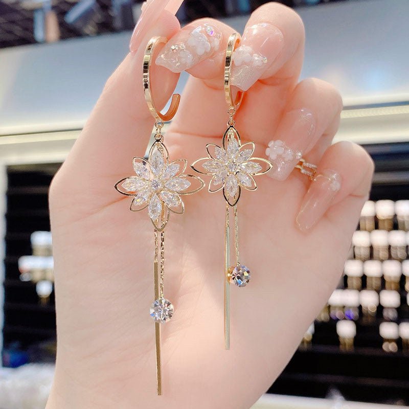 Stylish Flower Earrings Women's Tassel Imitation Crystal - Zambeel