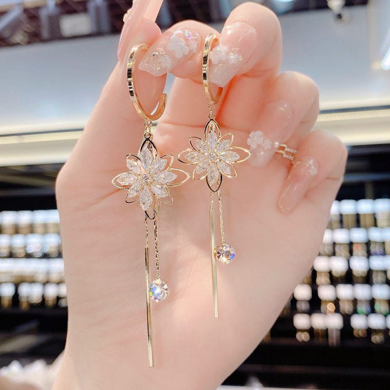 Stylish Flower Earrings Women's Tassel Imitation Crystal - Zambeel