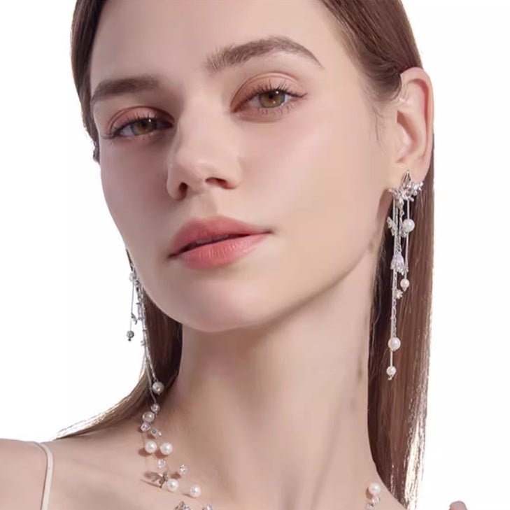 Super Fairy Asterism Pearl Tassel Earrings Long Light Luxury - Zambeel