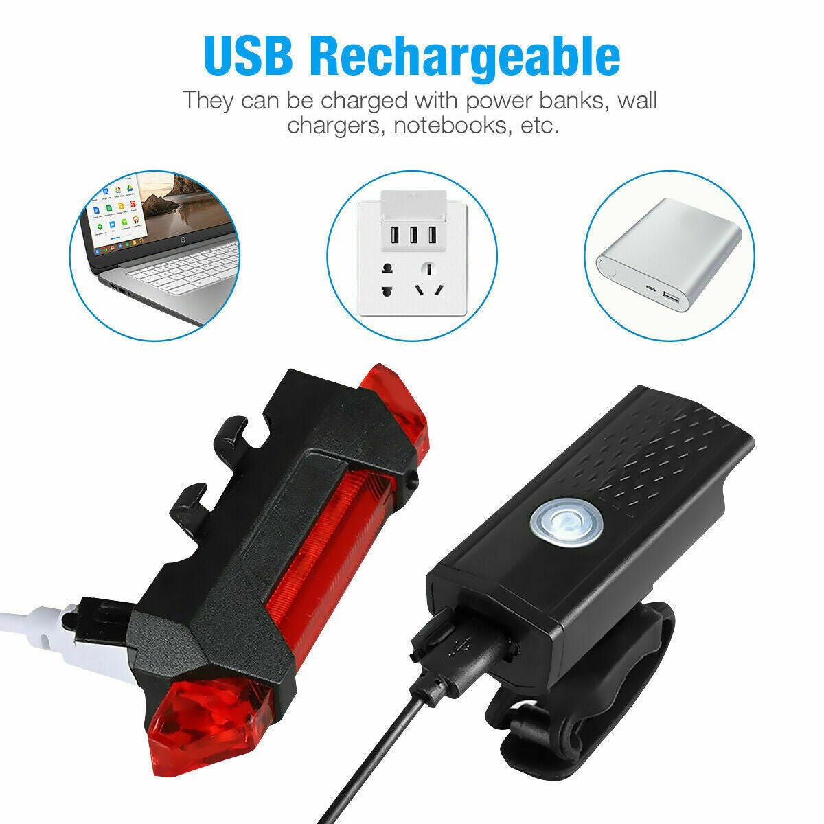 USB Rechargeable LED Bicycle Headlight Bike Head Light Cycling Rear Front Lamp Bike Light Rainproof USB Rechargeable LED bicycle Light - Zambeel