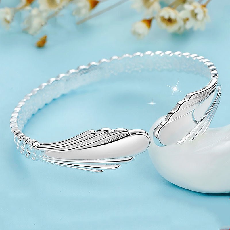 Women's Stylish Opening White Copper Silver - plated Bracelet Angel Wings - Zambeel